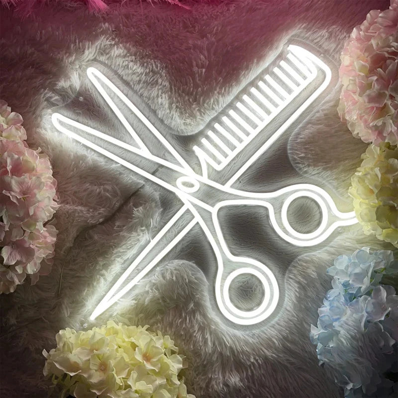 white Combs and Scissors Neon Sign