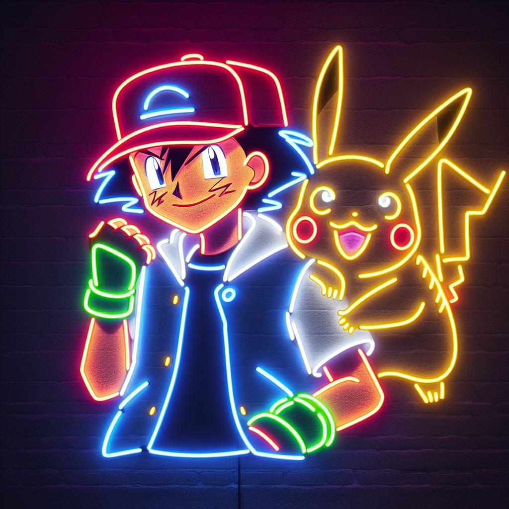 ash ketchum and pikachu neon sign
