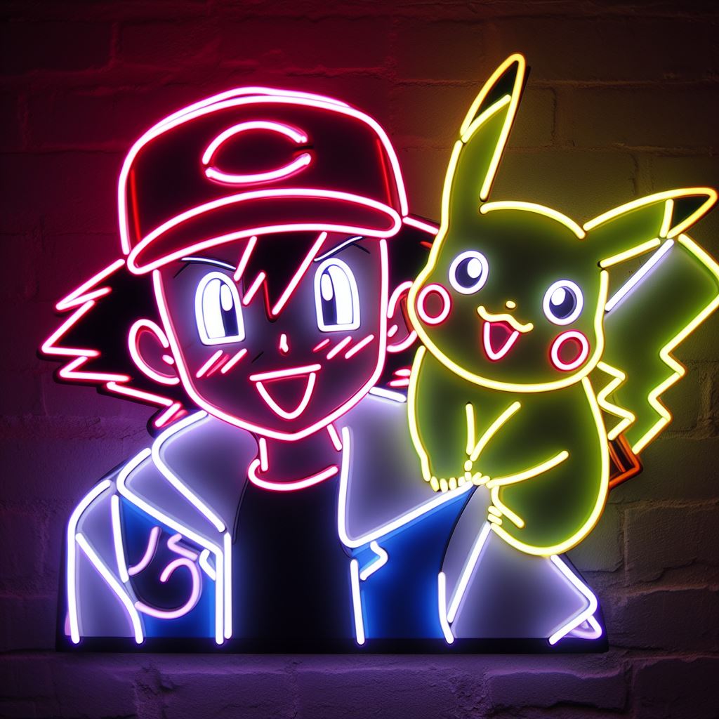ash ketchum and pikachu neon sign