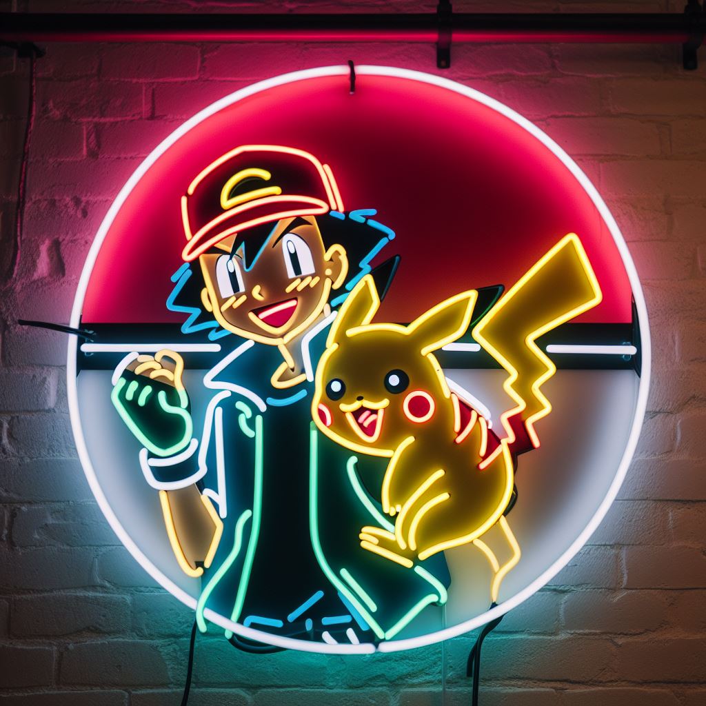 ash ketchum and pikachu neon sign