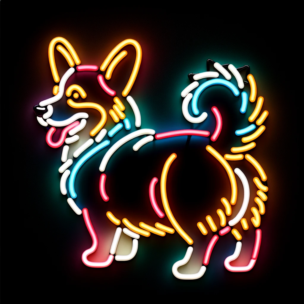 corgi behind neon sign