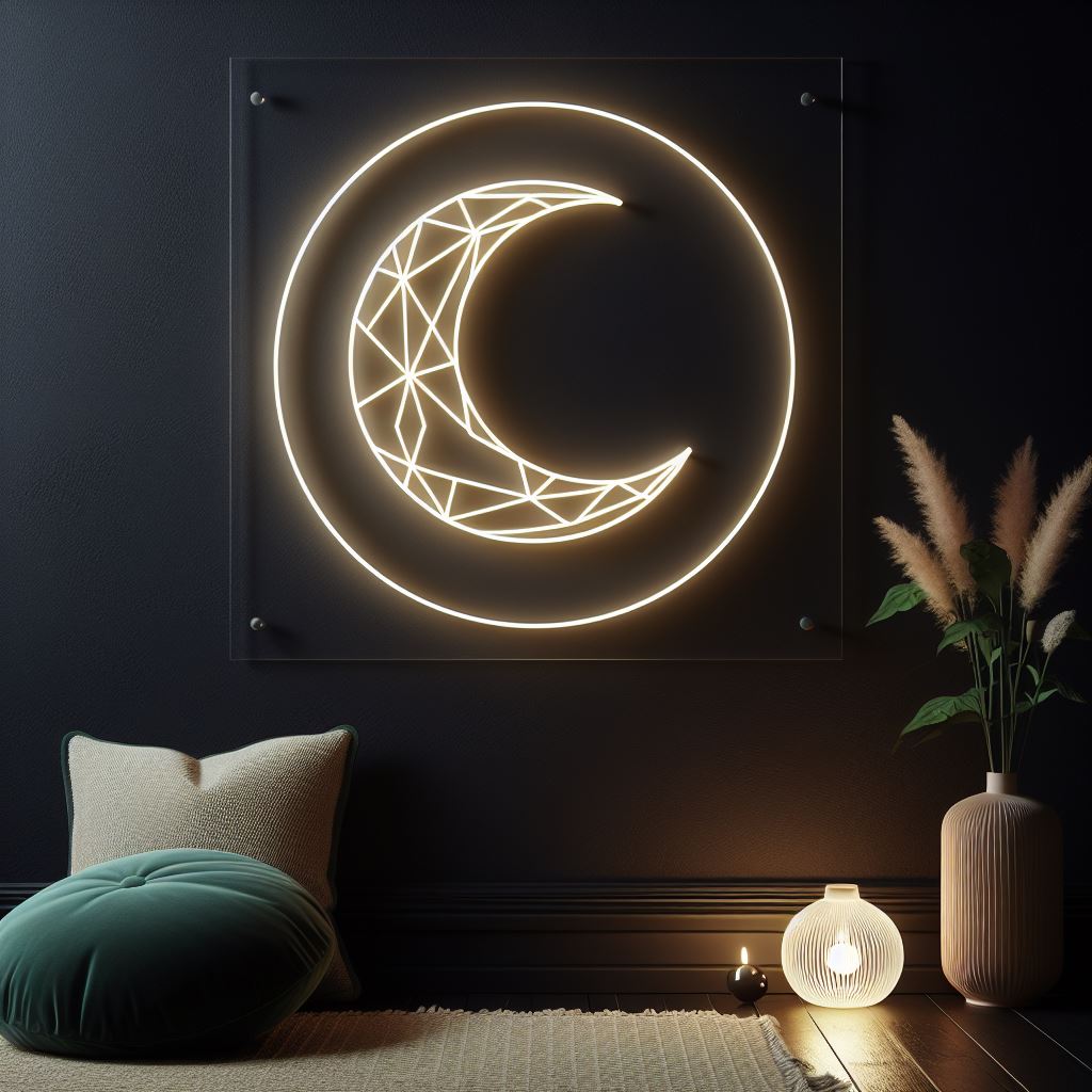 geometric moon in a circle neon sign