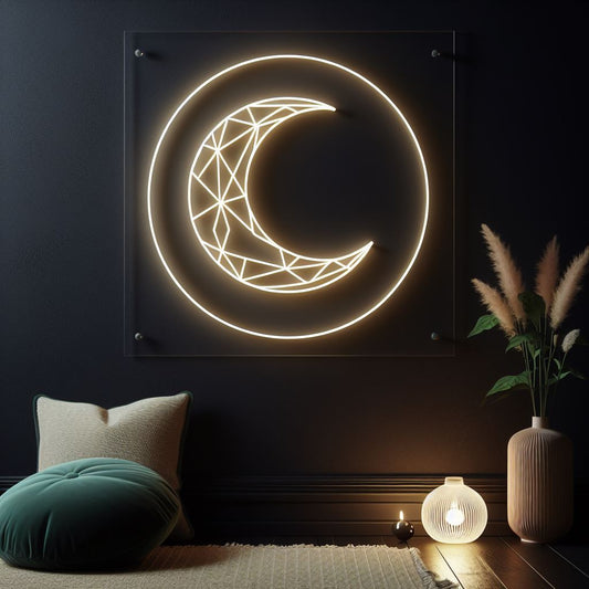 geometric moon in a circle neon sign