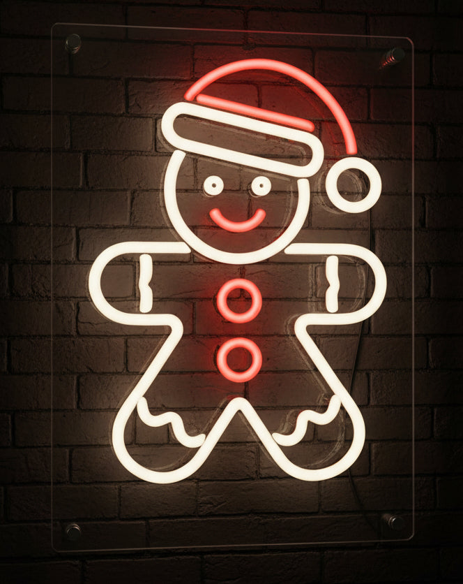 gingerbread man with santa hat neon sign