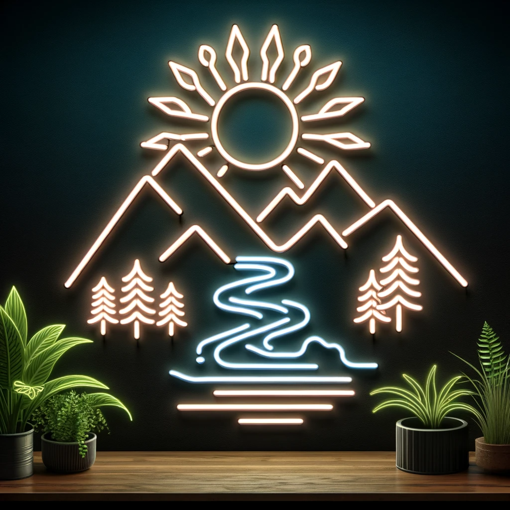 nature is calling river mountains neon sign