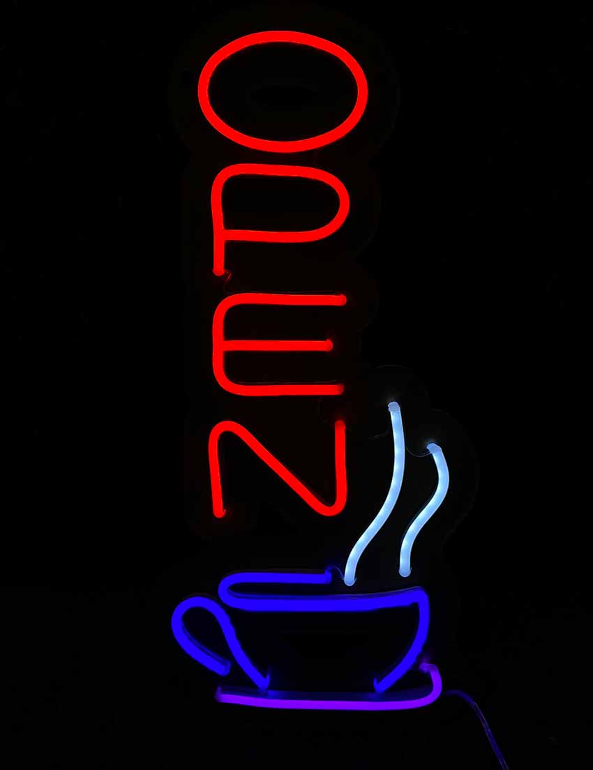 Vertical Coffee Shop Neon Open Sign