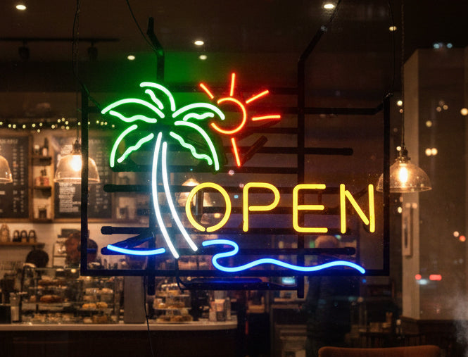 Palm Tree Beach Open Neon Sign