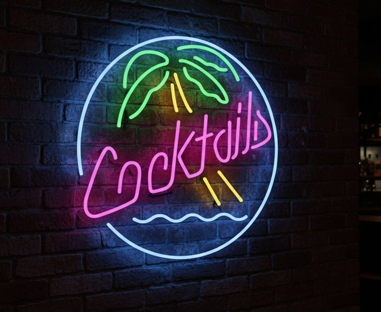 Cocktails With Palm Tree Neon Sign