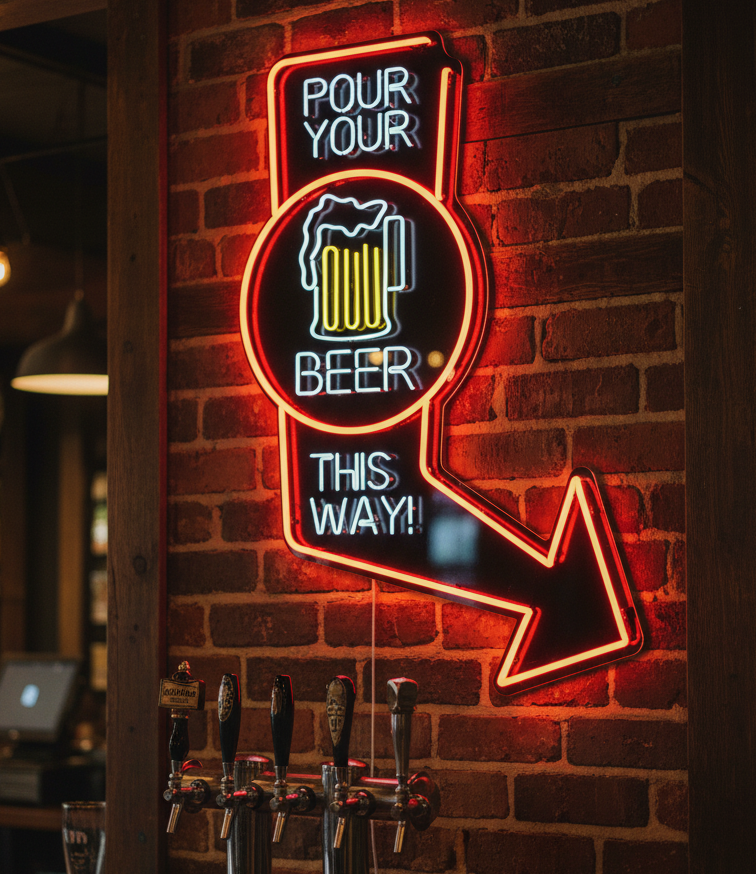 A custom neon sign with a red background and yellow beer mug, text saying 'POUR YOUR BEER THIS WAY!' and a directional arrow indicating how to pour beer.