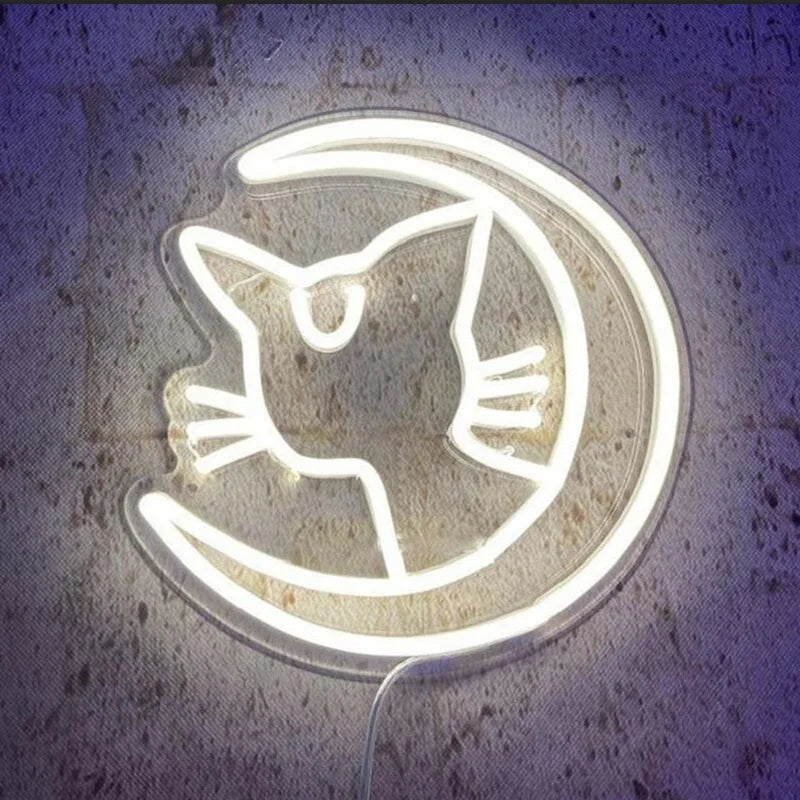 white Luna Cat With Moon Neon Sign