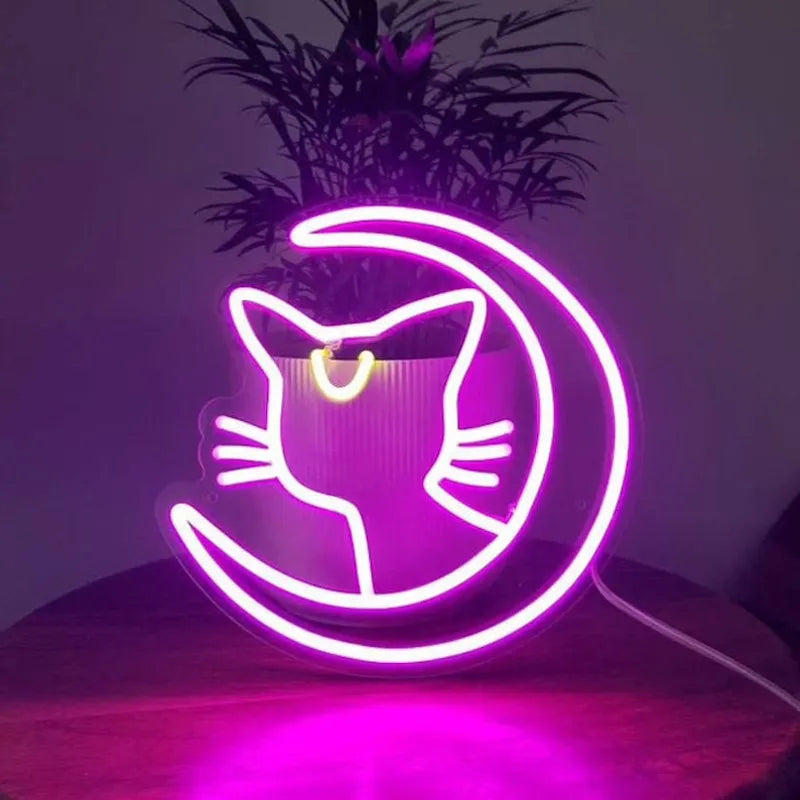 pink Luna Cat With Moon Neon Sign