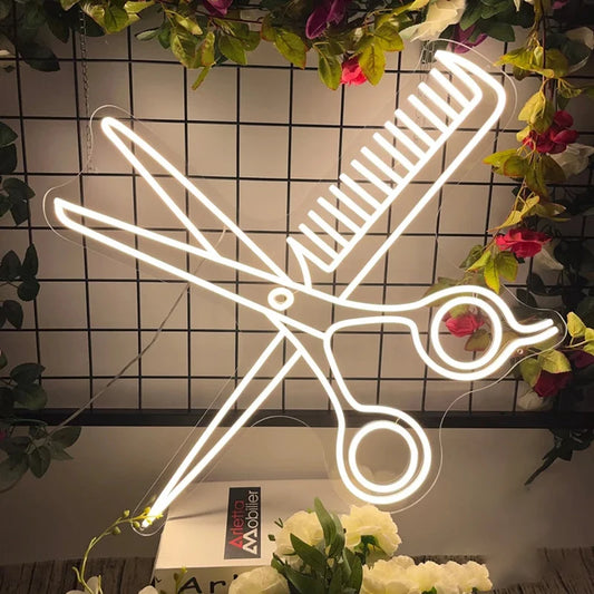 warm white Combs and Scissors Neon Sign
