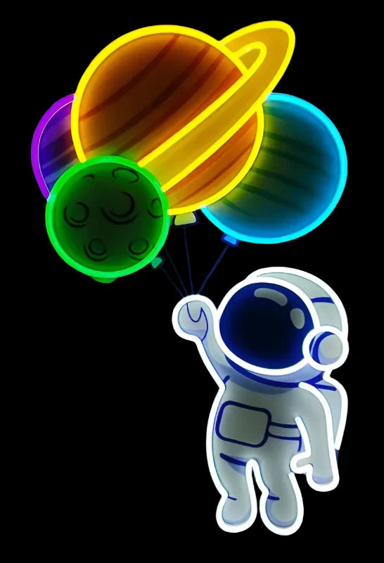 Astronaut Holding Planet Balloons Neon Sign