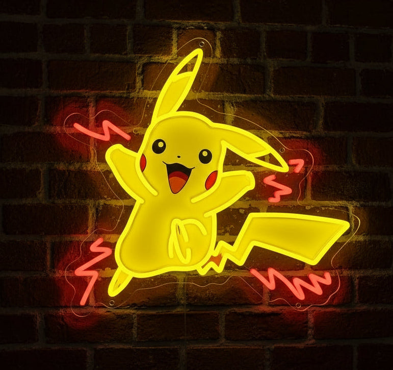 Neon sign of Pikachu with lightning bolts on a black background