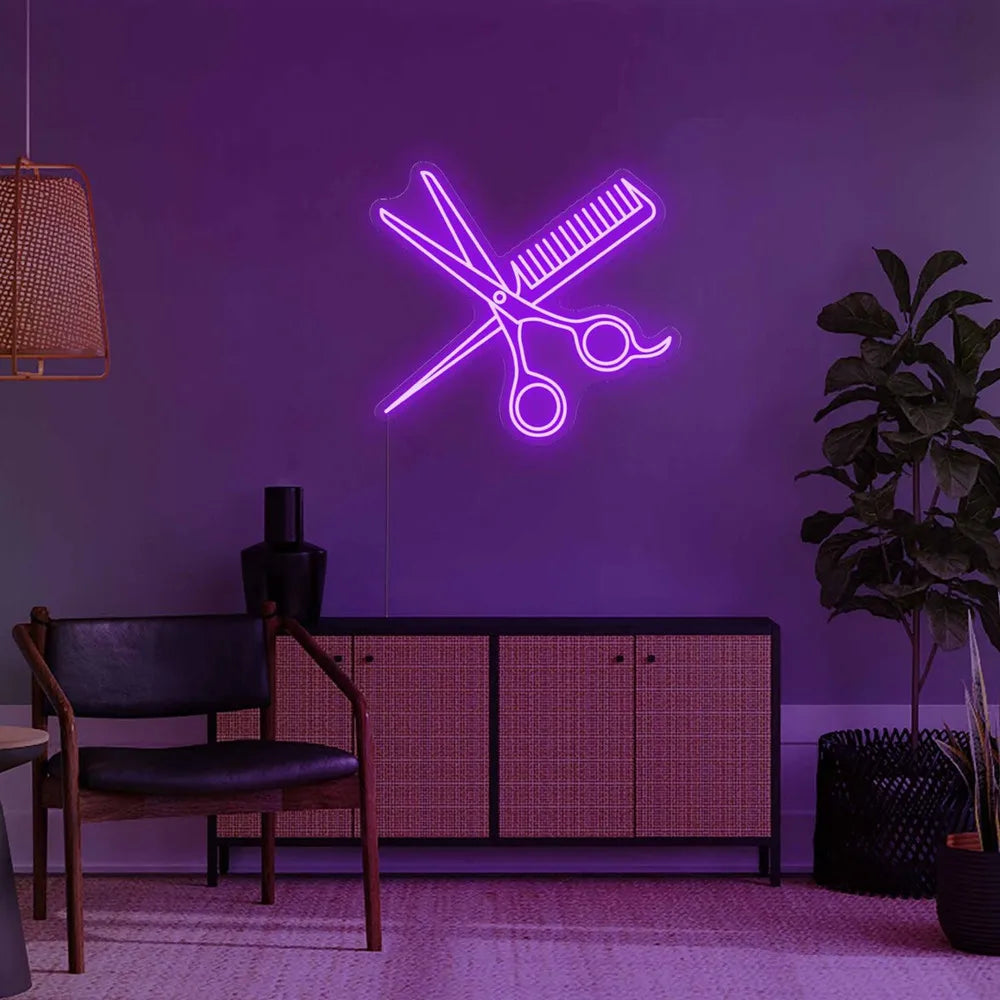 purple Combs and Scissors Neon Sign