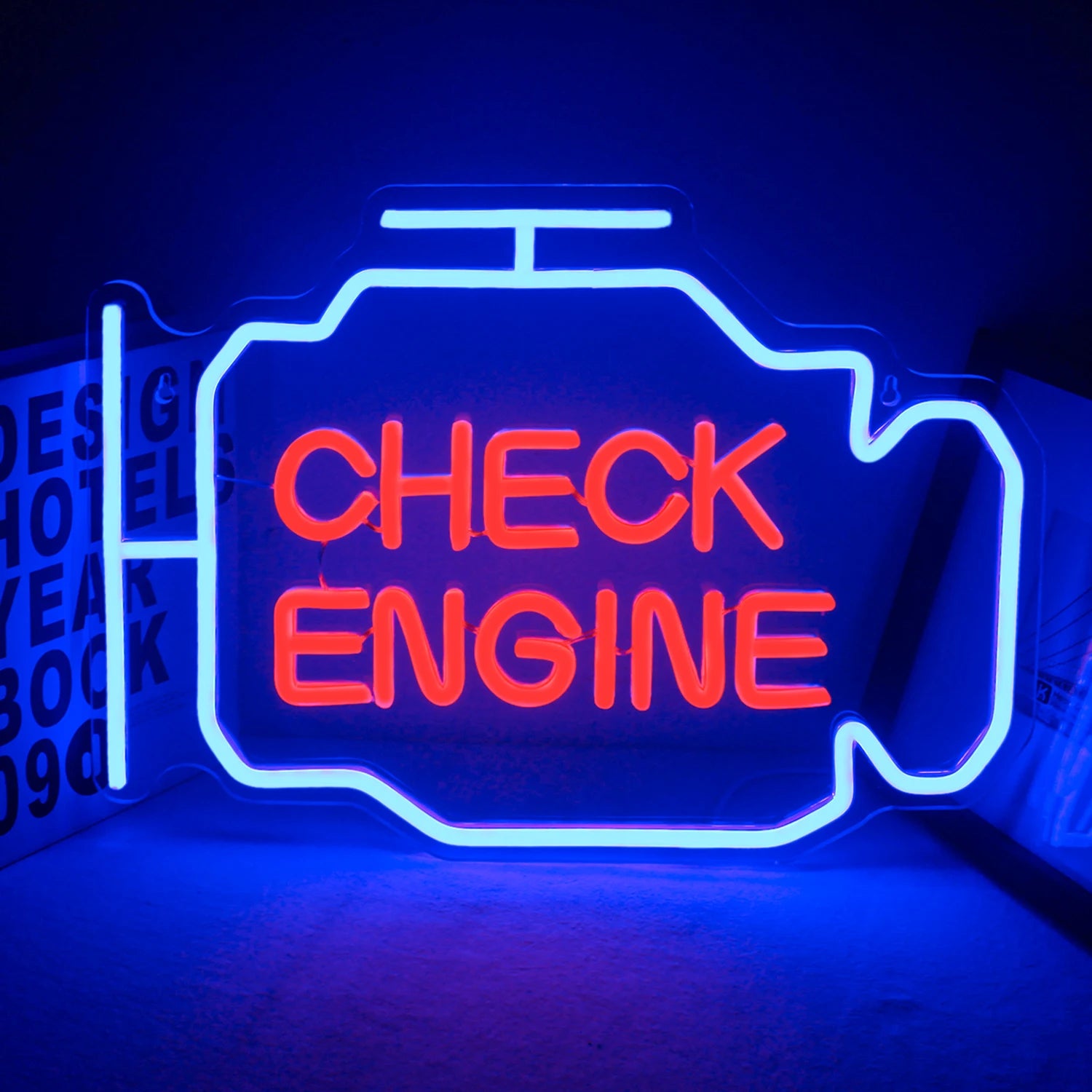 blue red check engine neon sign