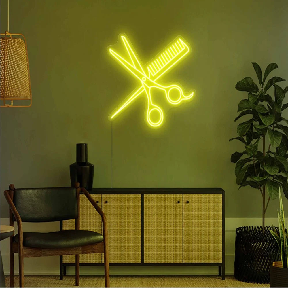 yellow Combs and Scissors Neon Sign