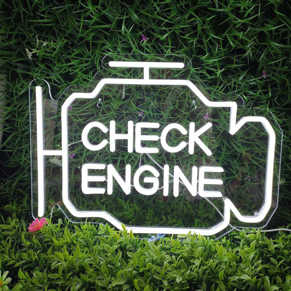white check engine neon sign