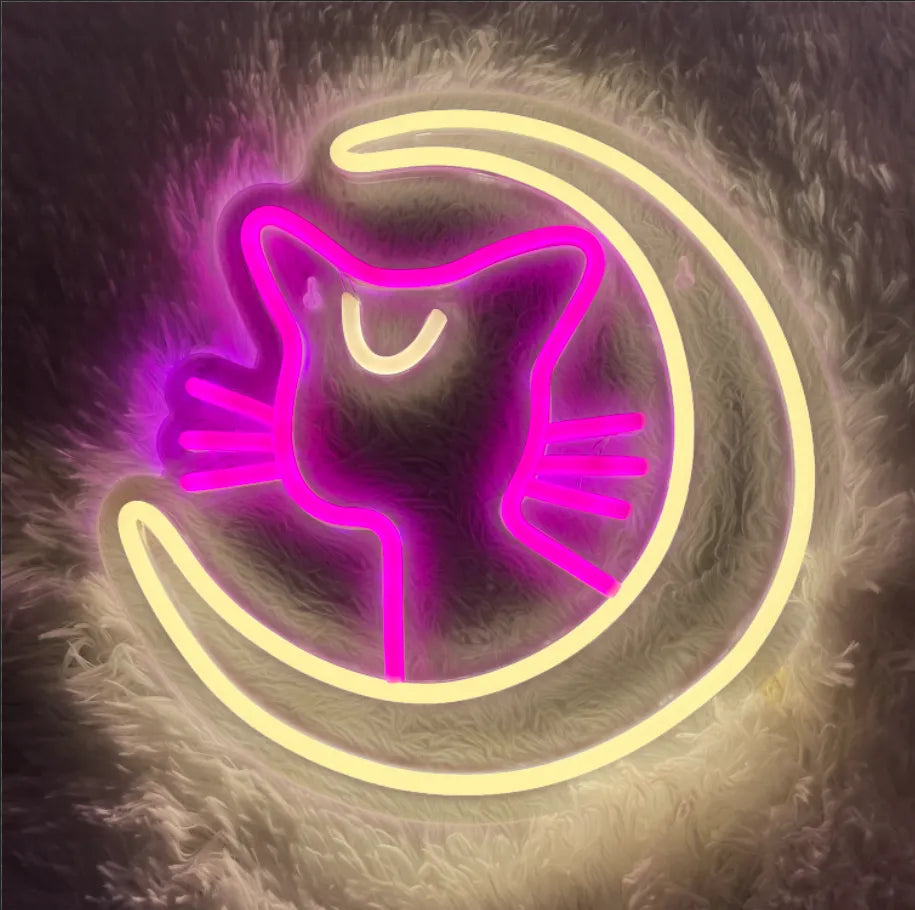 pink yellow Luna Cat With Moon Neon Sign