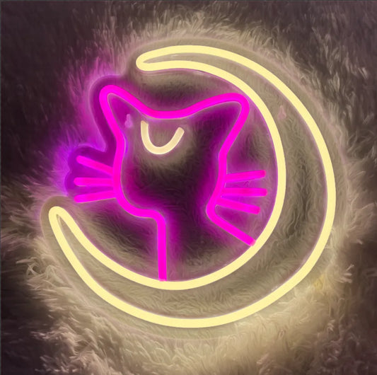 pink yellow Luna Cat With Moon Neon Sign