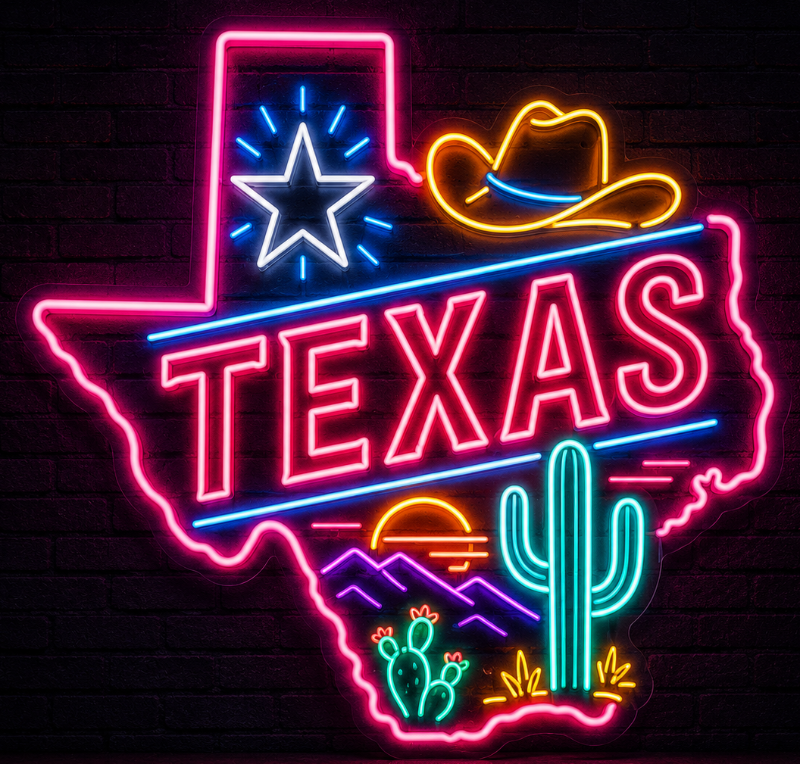 A neon sign shaped like the state of Texas, glowing with pink, blue, yellow, green, and orange lights against a dark brick wall. The sign includes a cowboy hat, star, cactus, mountains, and the word "TEXAS" in large letters.