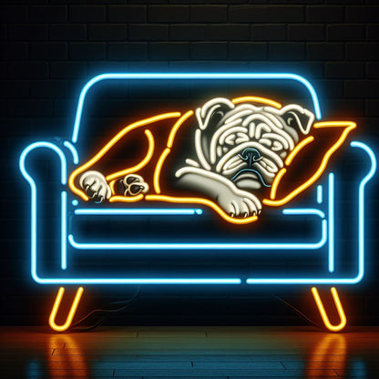 bulldog sleeping on couch neon sign