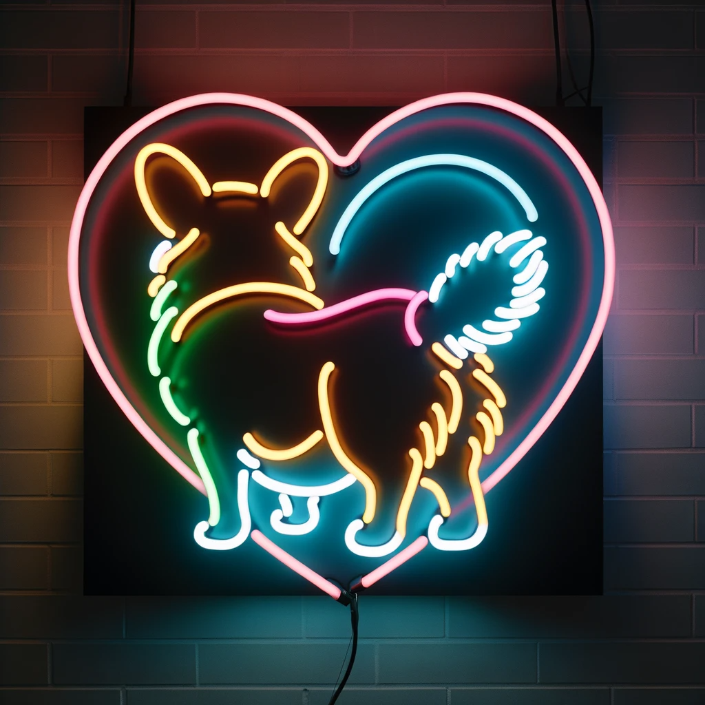 corgi behind heart neon sign