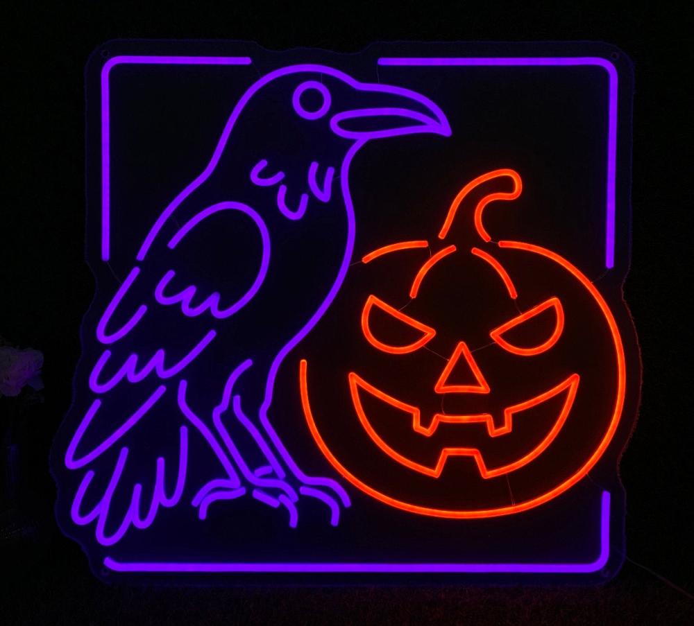 crow and jack o lantern neon sign