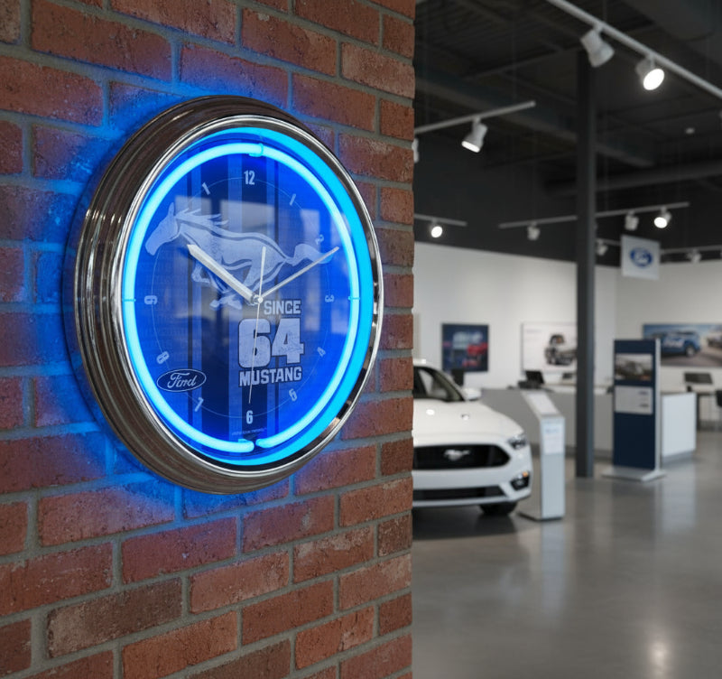 Neonetics Ford Mustang Car Garage Neon Clock – 15x15 Inches, Red, Battery Powered, Chrome Frame
