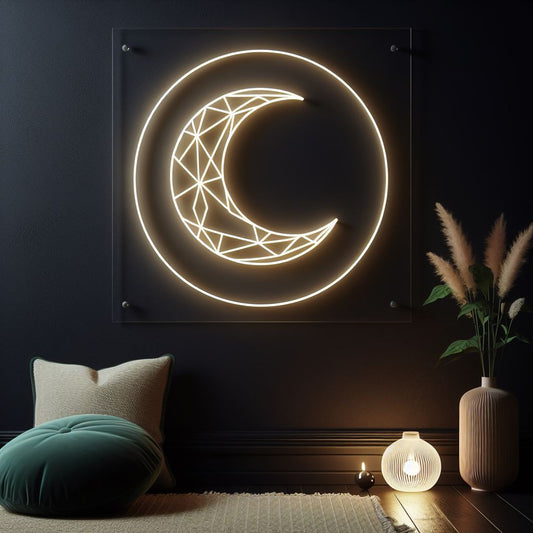 geometric moon in a circle neon sign 