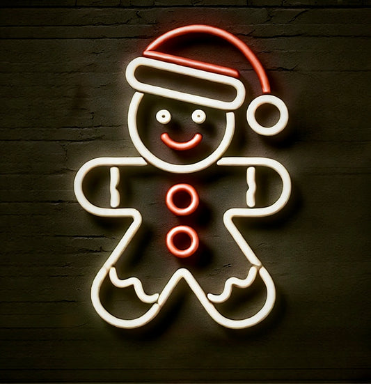 gingerbread man with santa hat neon sign