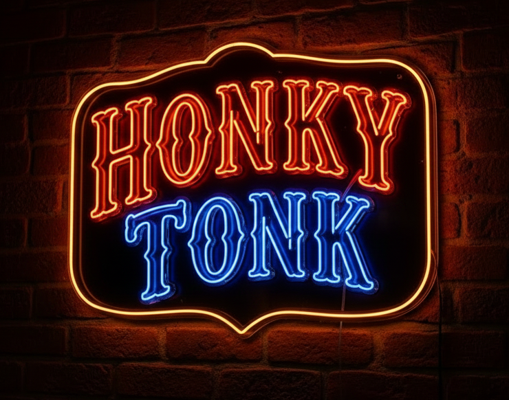 A decorative neon sign reading 'HONKY TONK' with an orange border, red-orange lettering for 'HONKY', and blue lettering for 'TONK', set against a dark wood background.
