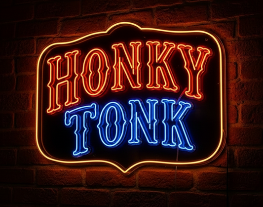 A decorative neon sign reading 'HONKY TONK' with an orange border, red-orange lettering for 'HONKY', and blue lettering for 'TONK', set against a dark wood background.