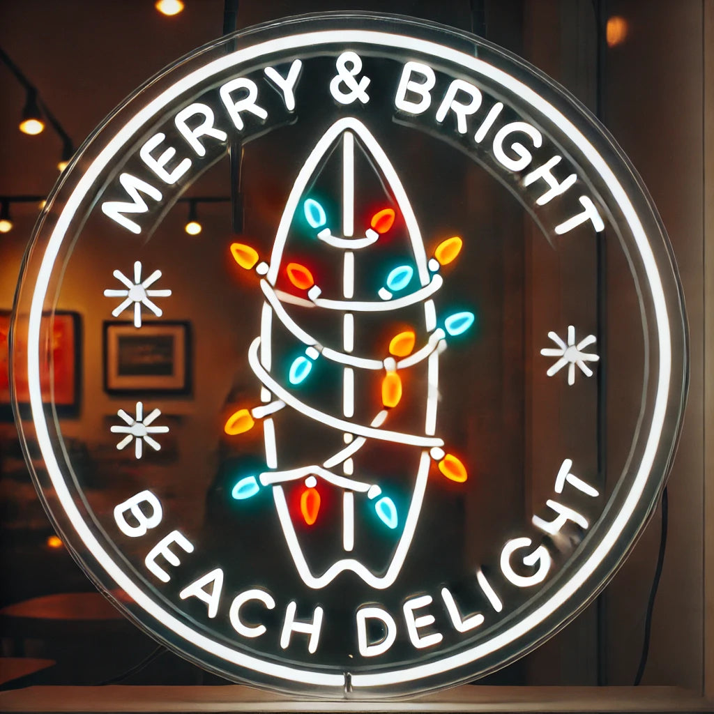 merry and bright beach delight neon sign