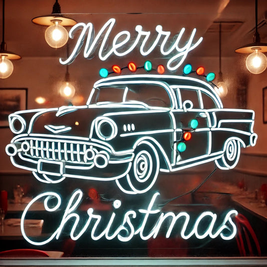 merry christmas classic car with lights neon sign