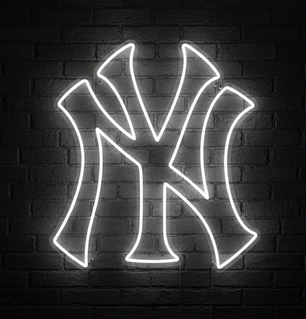 A glowing white neon-style New York Yankees 'NY' logo neon sign.