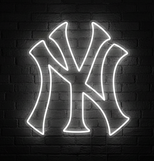 A glowing white neon-style New York Yankees 'NY' logo neon sign.