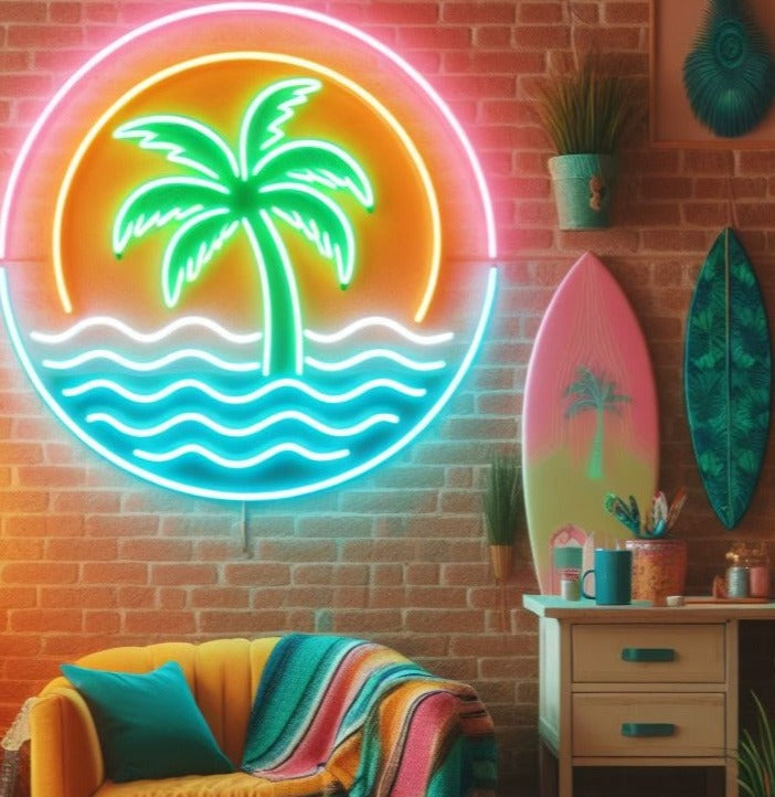 sun palm tree waves neon sign