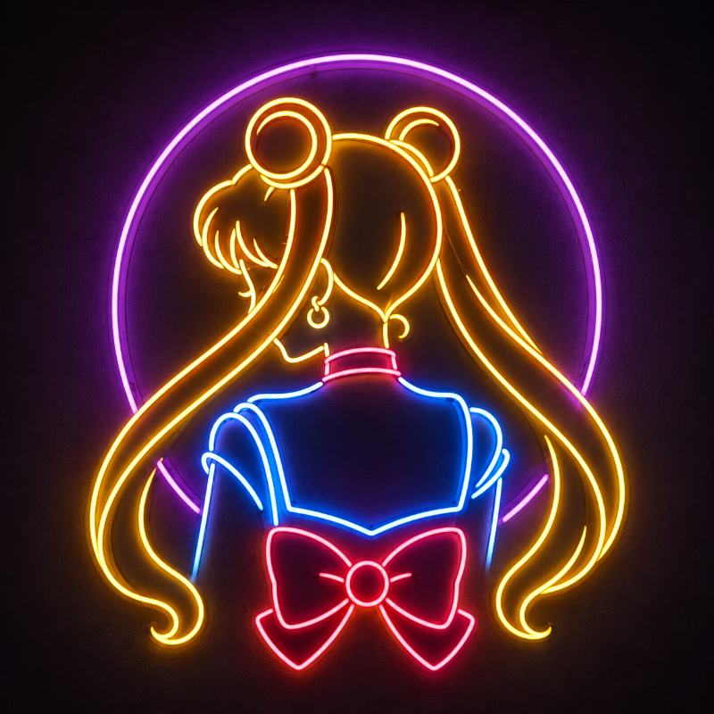 A neon sign depicting the back view of a Sailor Moon-inspired character with long twin buns, flowing hair, a blue top, and a large pink bow, set against a purple circular halo on a black background.