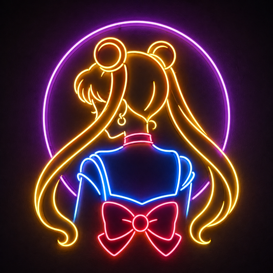 A neon sign depicting the back view of a Sailor Moon-inspired character with long twin buns, flowing hair, a blue top, and a large pink bow, set against a purple circular halo on a black background.