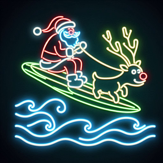 santa and rudolph surfing neon sign