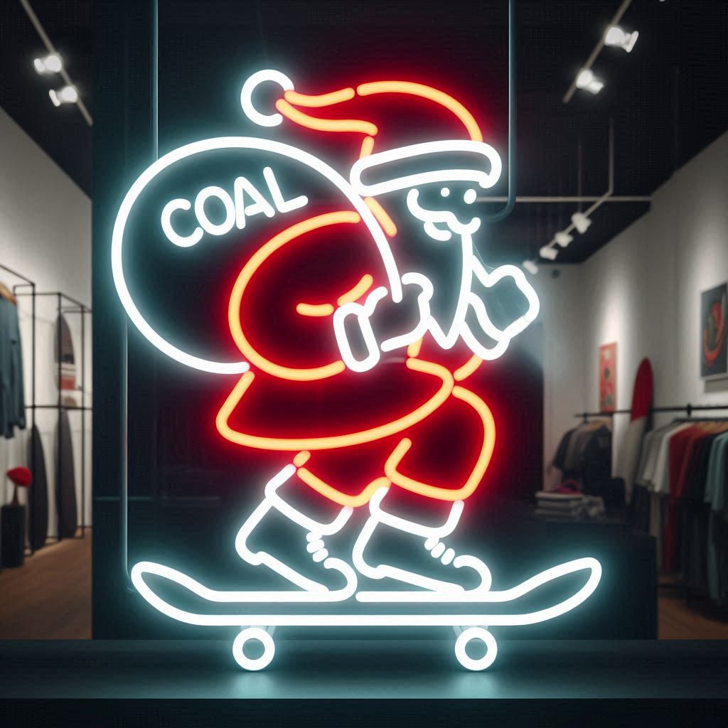 skateboarding coal santa neon sign