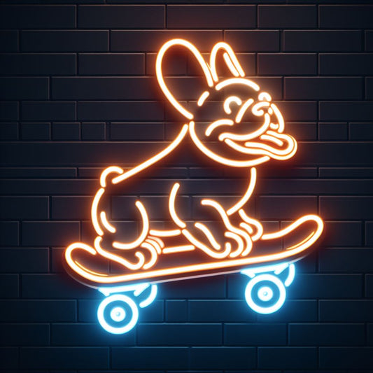 skateboarding french bulldog neon sign