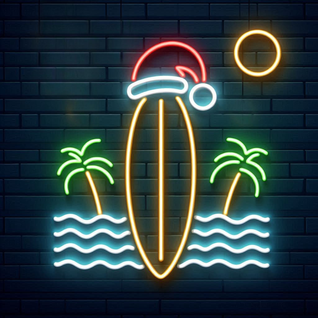 surfboard christmas hat neon sign