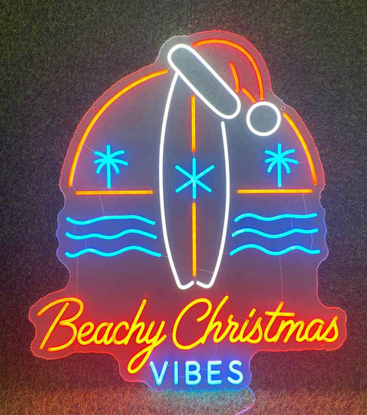 Surfboard with santa hat neon sign