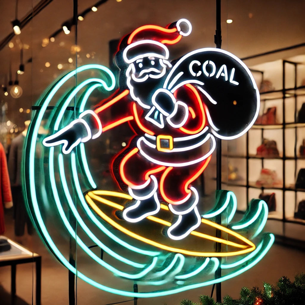 surfing coal santa neon sign