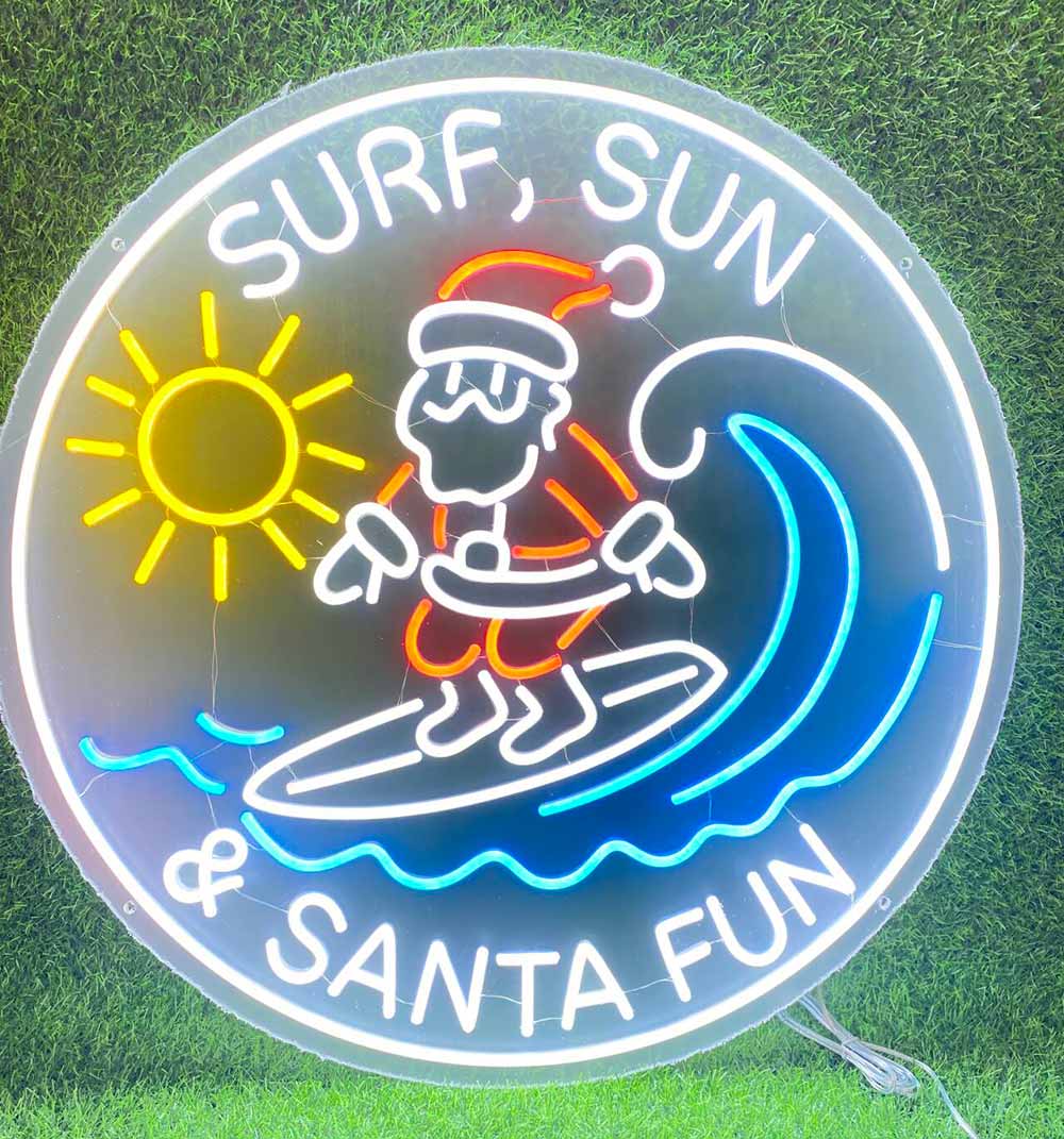 Santa On Surfboard & Sun Neon Sign