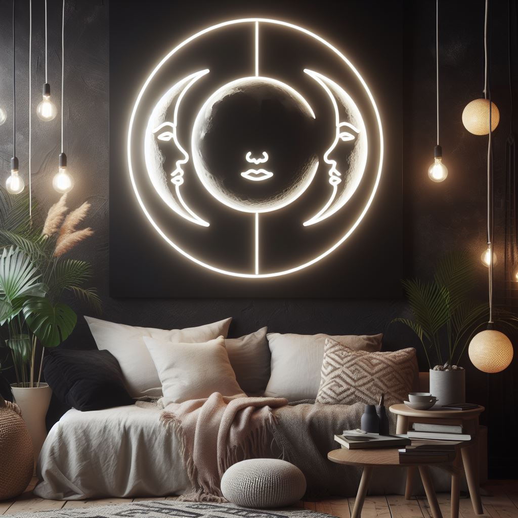 moon phases faces neon sign