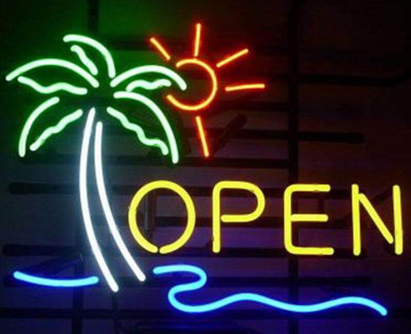 Palm Tree Beach Open Neon Sign