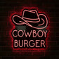 A neon sign of a cowboy hat with the text 'COWBOY BURGER' below it.